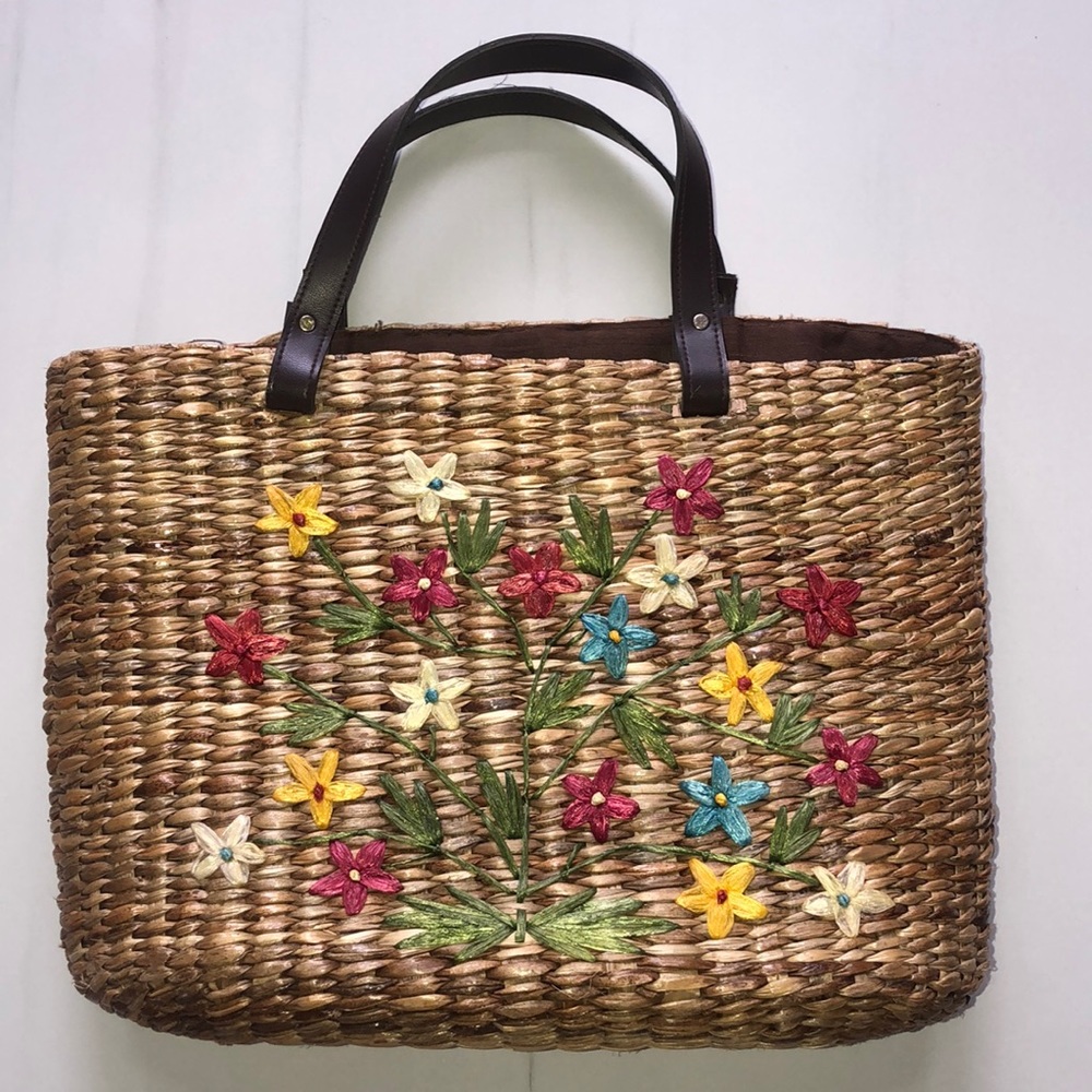 Straw Handbag with Floral Details